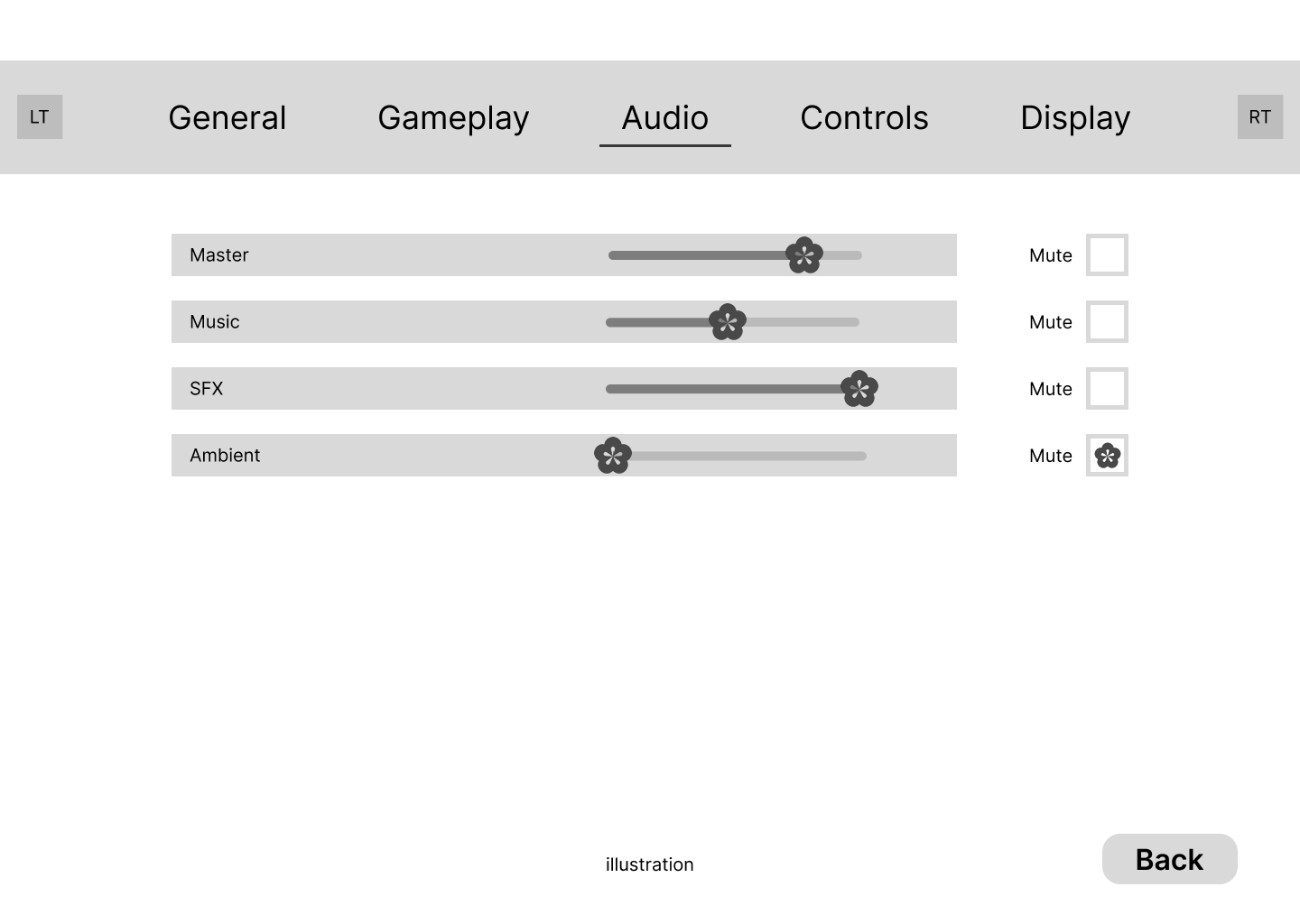 Audio settings, wireframe